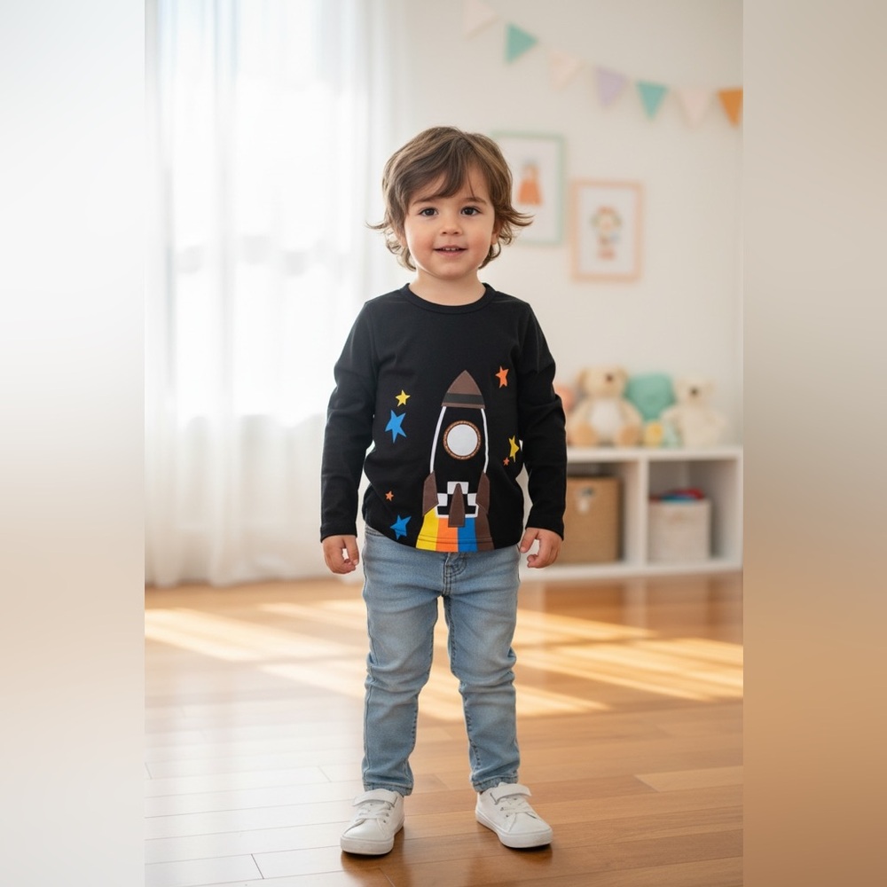 Black Long Sleeve Tee with Space Graphic Design